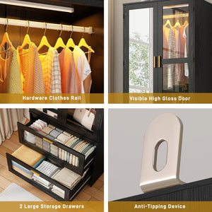 2-Door Wardrobe with LED & Mirror