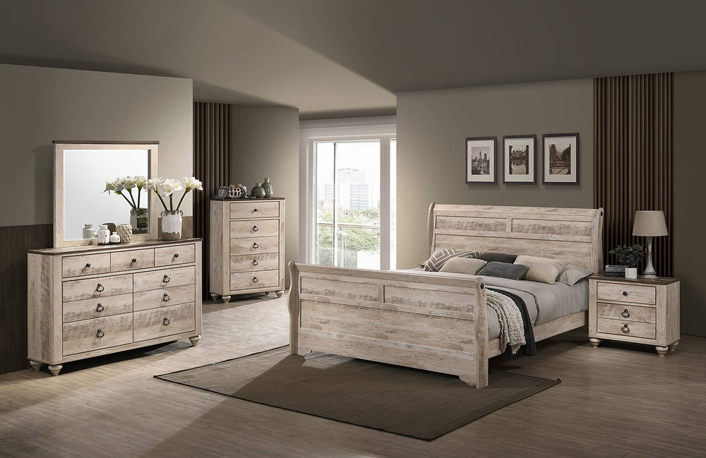 Roundhill Furniture Imerland Contemporary White-wash Finished 6-Piece Sleigh Headboard Bedroom Set, Queen