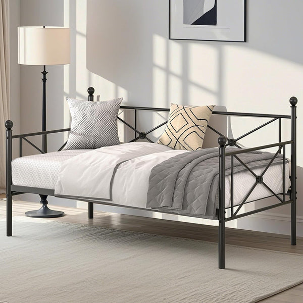 VECELO Daybed Twin Size, Day Bed Frame with Headboard, Heavy-Duty Metal Slats Support Platform for Living Room, Guest Room, Easy Assembly, White