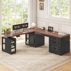 L-Shaped Electric Standing Desk with Drawers, Shelves & Power Outlet