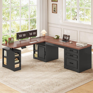 L-Shaped Electric Standing Desk with Drawers, Shelves & Power Outlet