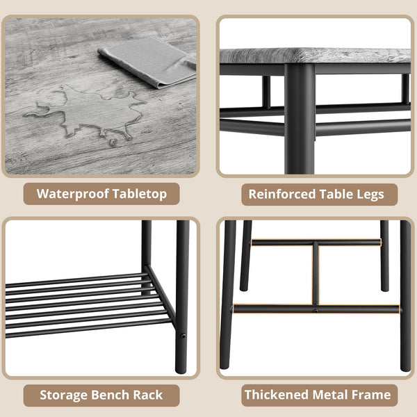 4-Piece Industrial Dining Table Set with Upholstered Bench and 2 Chairs