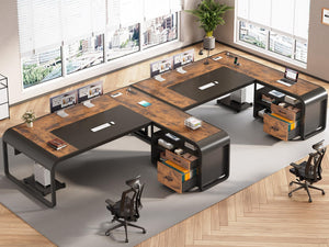 L-Shaped Executive Desk with File Drawer, Storage Shelves & Power Outlets