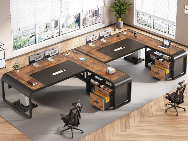 L-Shaped Executive Desk with File Drawer, Storage Shelves & Power Outlets