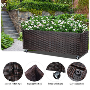 Raised Garden Bed with Wheels — 38" Rattan Wicker, Steel Frame, Drainage Hole
