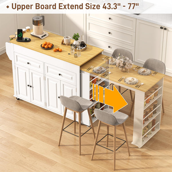 Extendable Kitchen Island Cart with Dining Table & Power Outlet