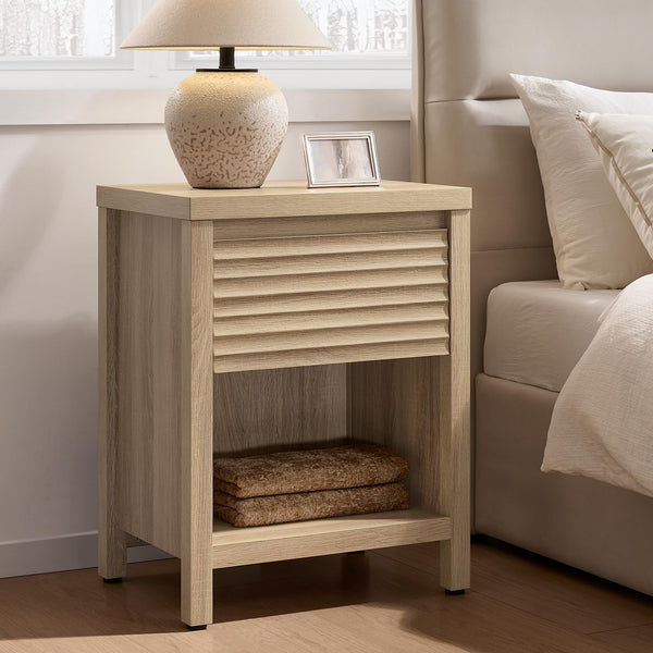 Fluted Nightstand Set of 2 with Drawer & Storage Shelf