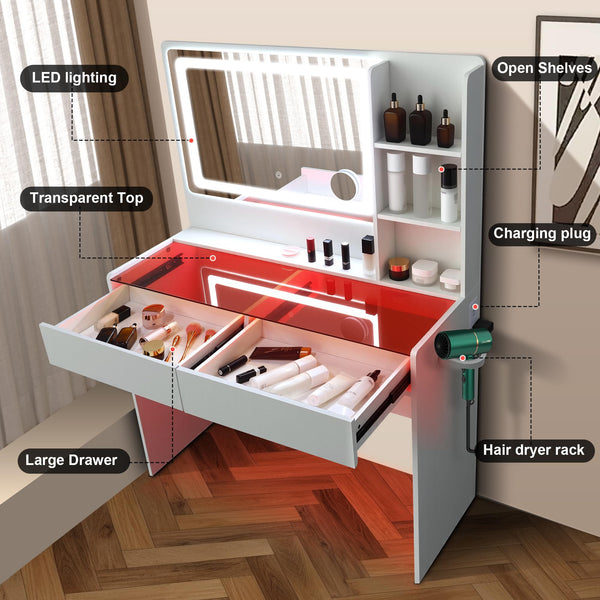 Vanity Desk with Mirror, LED Lights, 2 Drawers & Power Outlet