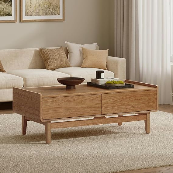 LuxenHome Coffee Table with Storage, 47" Mid Century Modern Coffee Table, Live Edge Coffee Tables for Living Room, Wooden Center Table with Ample Storage Space