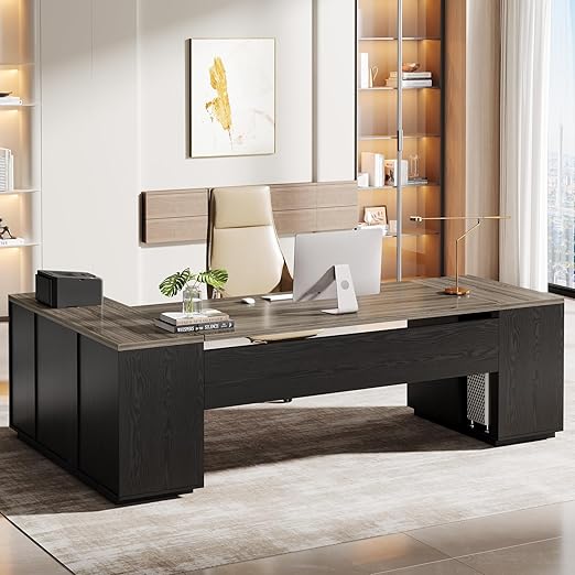 L-Shaped Executive Desk with File Drawers & Cabinet