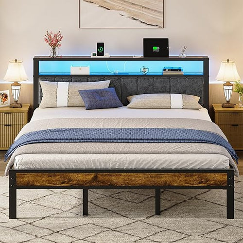 LED Bed Frame with Storage Headboard & Charging Station