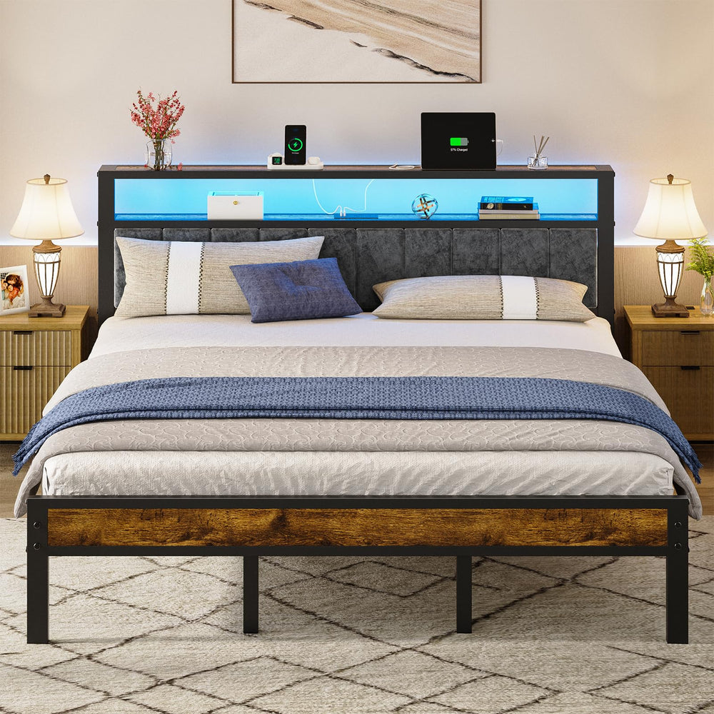 LED Bed Frame with Storage Headboard & Charging Station