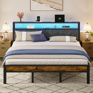 LED Bed Frame with Storage Headboard & Charging Station