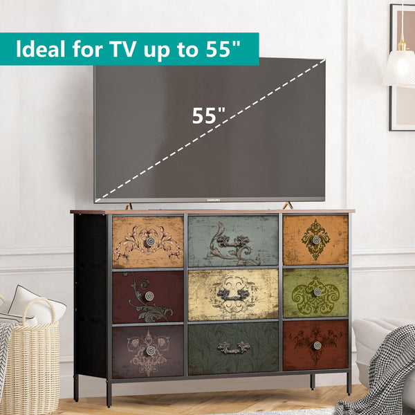 9-Drawer Fabric Dresser with Metal Frame & Wood Top