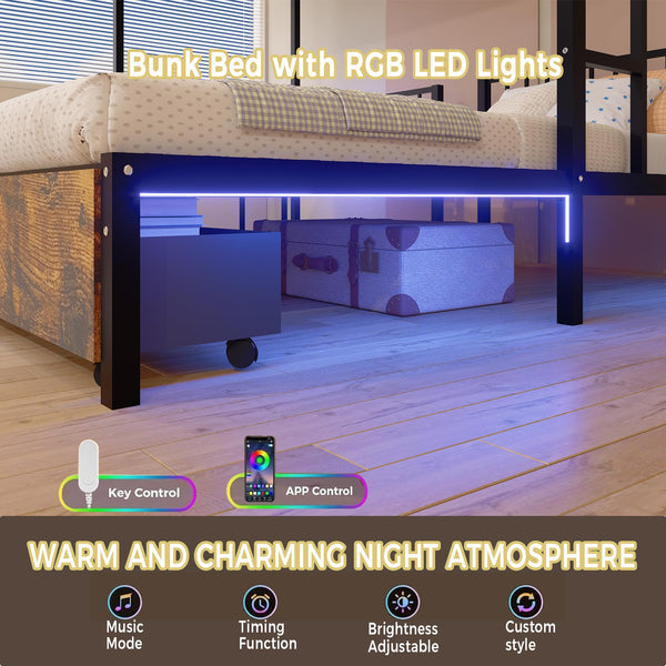 Triple Bunk Bed with Charging Station & LED Lights — Metal, Storage Drawers, Convertible