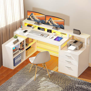 L-Shaped Computer Desk with Drawers, Power Outlets & LED Lights