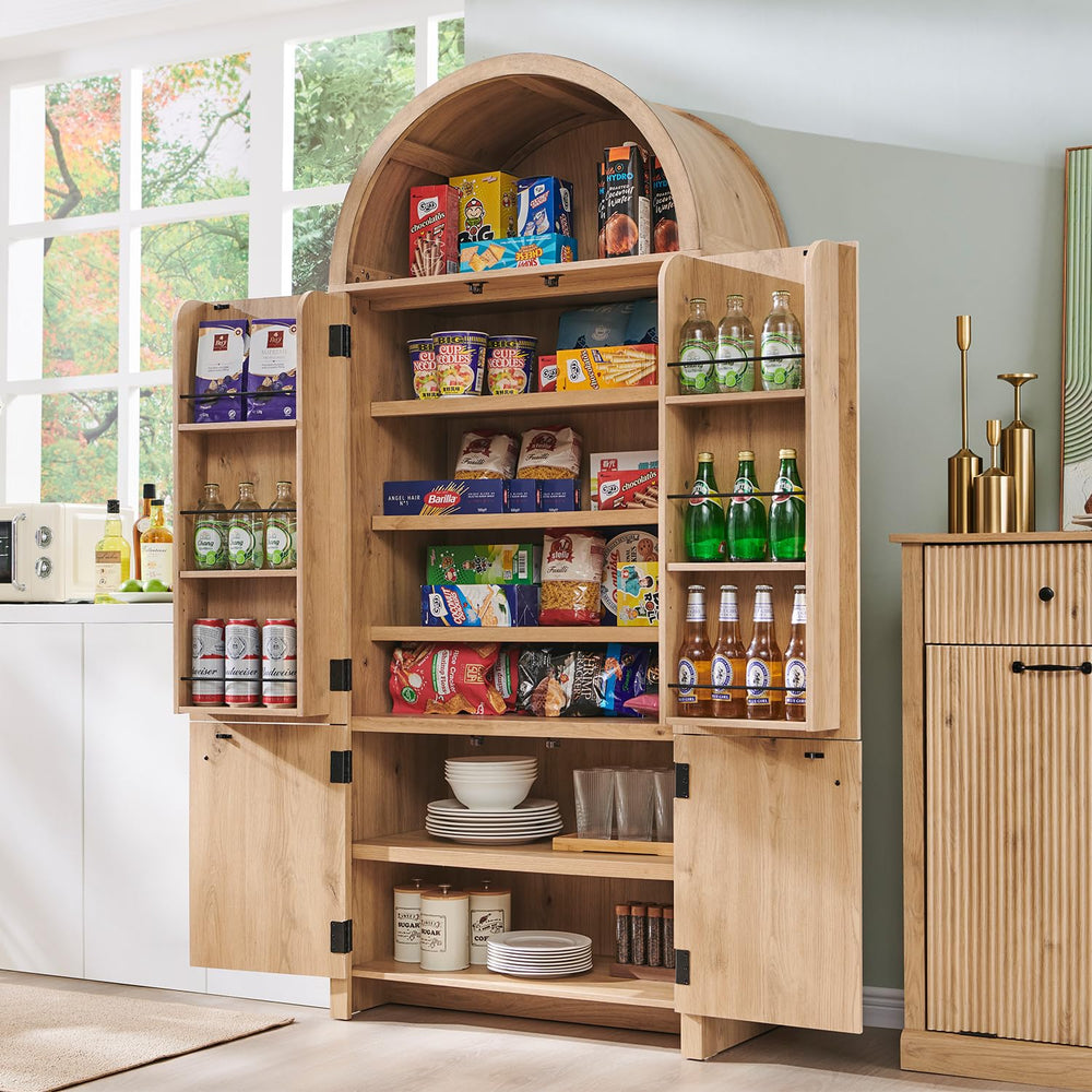 71" Tall Arched Kitchen Pantry Cabinet with Fluted Doors & Adjustable Shelves