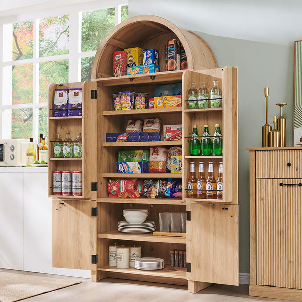 71" Tall Arched Kitchen Pantry Cabinet with Fluted Doors & Adjustable Shelves