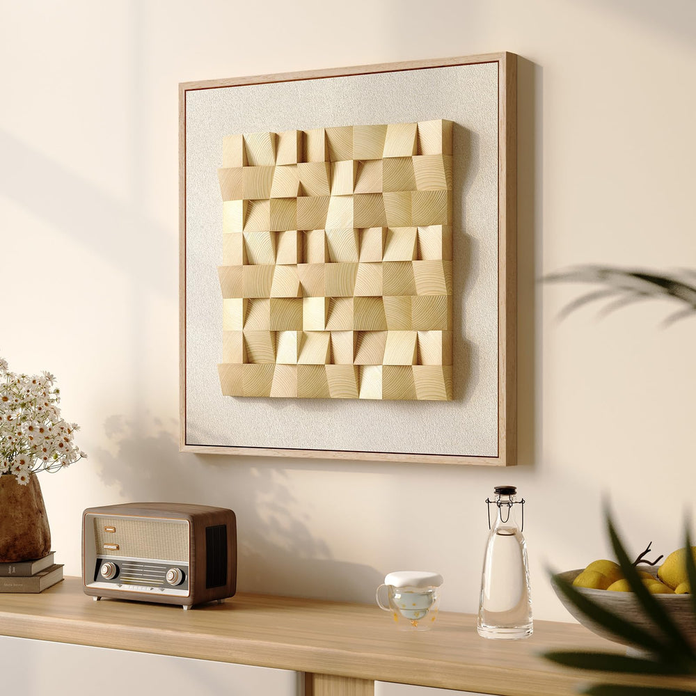 3D Solid Wood Block Wall Art – Geometric Minimalist Square Panel