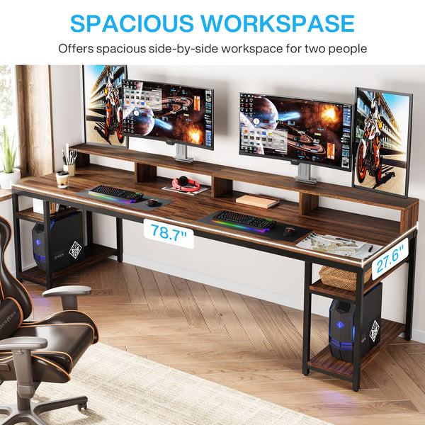 2-Person Desk with Monitor Stand & Storage Shelves, 78.74"