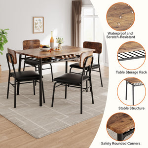 5-Piece Dining Table Set with Storage Rack & Upholstered Chairs