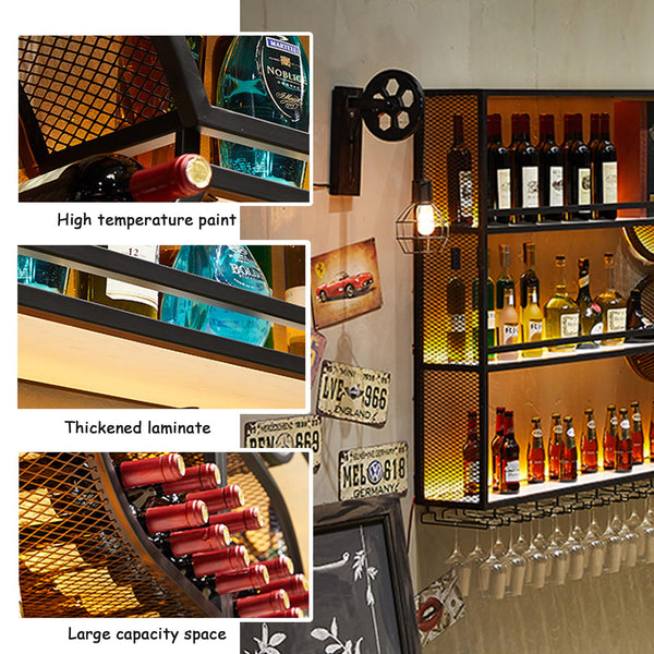 Wall Mounted Wine Rack with LED Light – 4-Tier Floating Bar Shelf
