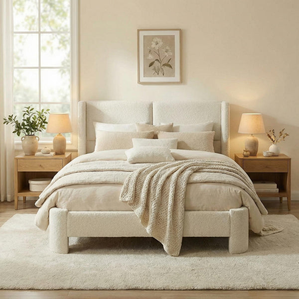 Full Upholstered Boucle Platform Bed Frame with Headboard & USB Ports