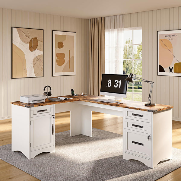 L-Shaped Farmhouse Executive Desk with Drawers & Charging Station