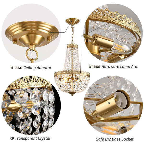 4-Light K9 Crystal Chandelier – Brushed Brass Pendant Light