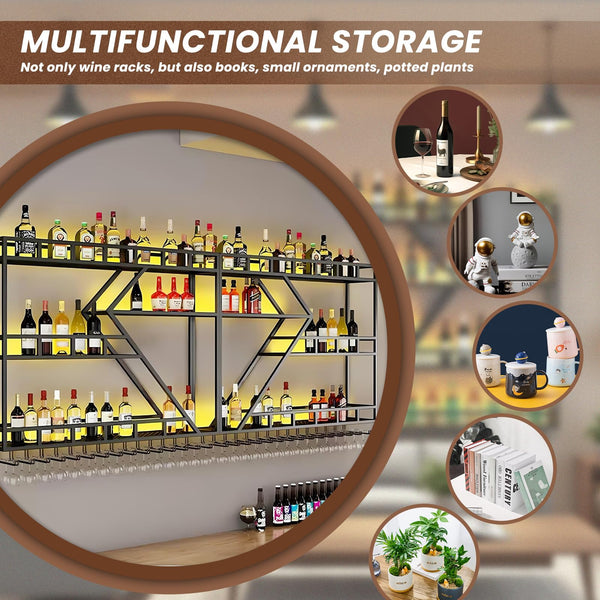 Wall Mounted Wine Rack with LED Light – 4-Tier Metal Floating Shelf with Glass Holder