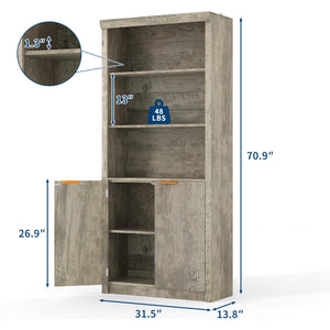 Tall Bookcase with Doors – 5-Tier, 70.87" H, Grey