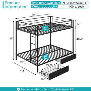 Twin Over Twin Metal Bunk Bed with LED Lights & USB Charging