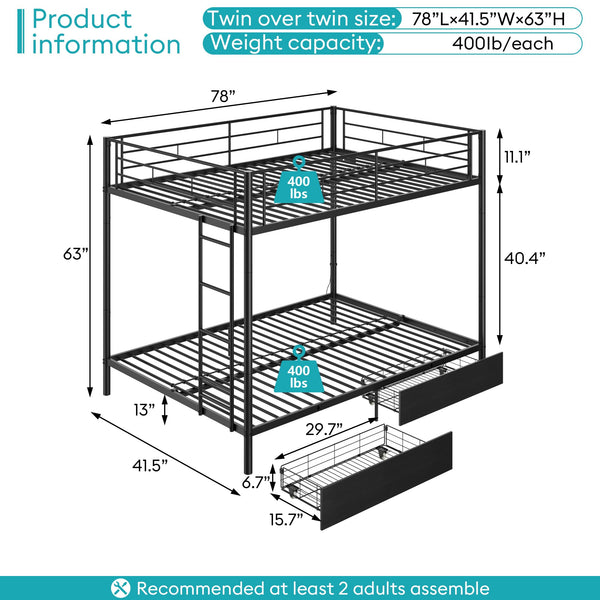 Twin Over Twin Metal Bunk Bed with LED Lights & USB Charging