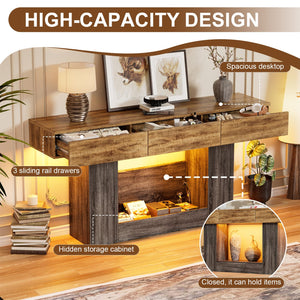 63" Farmhouse Console Table with LED Lights, Hidden Safe & 3 Drawers