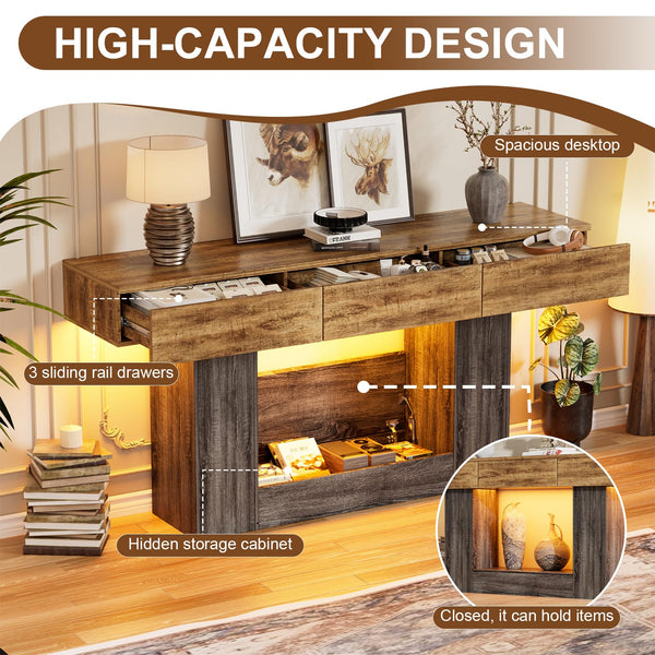 63" Farmhouse Console Table with LED Lights, Hidden Safe & 3 Drawers