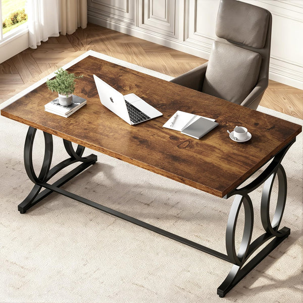 HSH Rustic Home Office Desk, 55 Inch Metal Wood Computer Desk, Simple Industrial Study Executive Desk for Work Writing, Modern Student Gaming Computer PC Table Bedroom, Rustic Brown