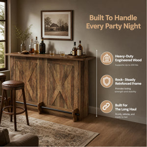 Farmhouse Bar Table with Storage Shelves & Footrest