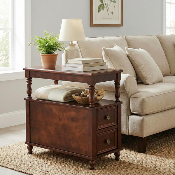 Wood End Table with 2 Drawers and Storage Shelf