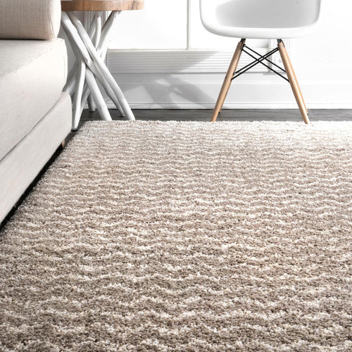 Cream Striped Shag Area Rug 9x12 | Polypropylene Power Loomed