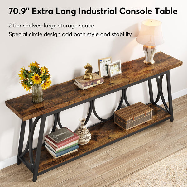 70.9" Industrial Console Table with 2-Tier Storage Shelf