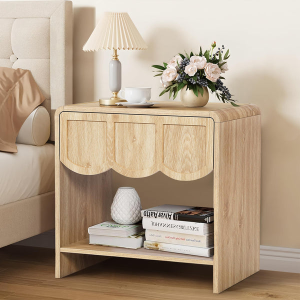 Modern Wood Nightstand with Wave Panel Drawer