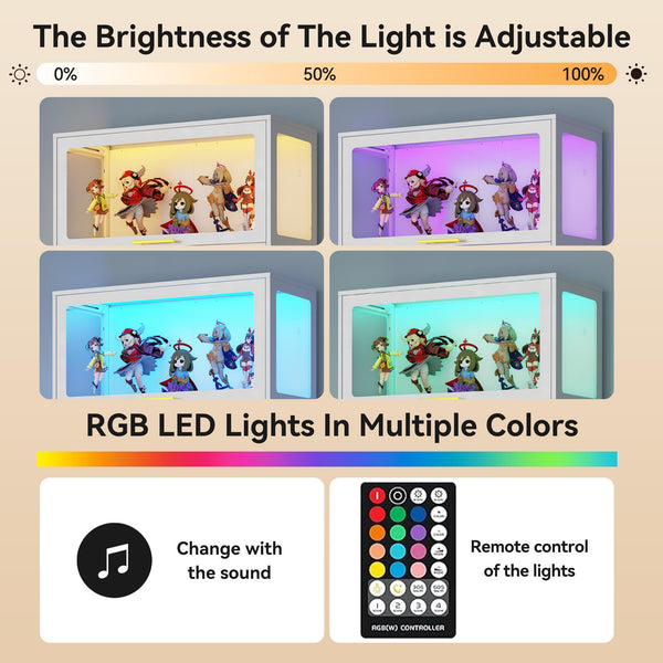 65" Tall Glass Display Cabinet with RGB LED Lights, 4-Tier Metal Curio Cabinet