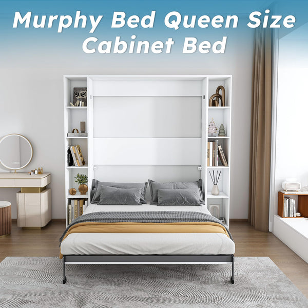 Queen Murphy Bed with Storage Cabinet – White