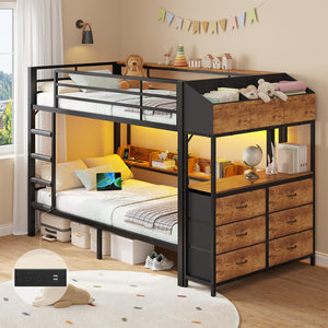 Twin Over Twin Bunk Bed with Storage, LED Lights & Charging Station