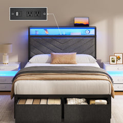Queen Bed Frame with Storage Drawers, LED Lights & Charging Station