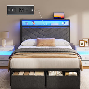 Queen Bed Frame with Storage Drawers, LED Lights & Charging Station