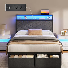Upholstered Bed Frame with Storage Drawers, LED Lights & Charging Station