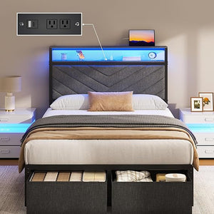 Upholstered Bed Frame with Storage Drawers, LED Lights & Charging Station