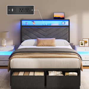 Upholstered Bed Frame with Storage Drawers, LED Lights & Charging Station