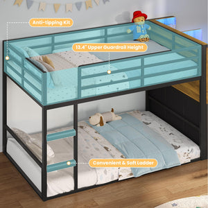 Twin Over Twin Bunk Bed with Storage & LED Lights